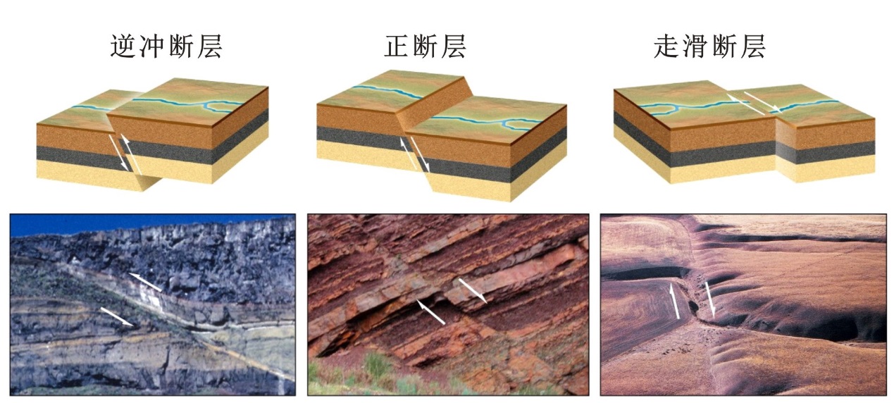 断层类型示意图：逆冲断层、正断层、走滑断层的3D示意图与对应实景照片